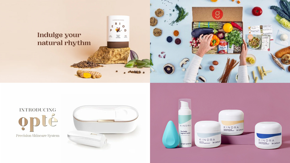 Four sections each demonstrating, brand innovation: opte precision skincare system, Kindra person hygiene, Gusto food meal prep boxes and period product.