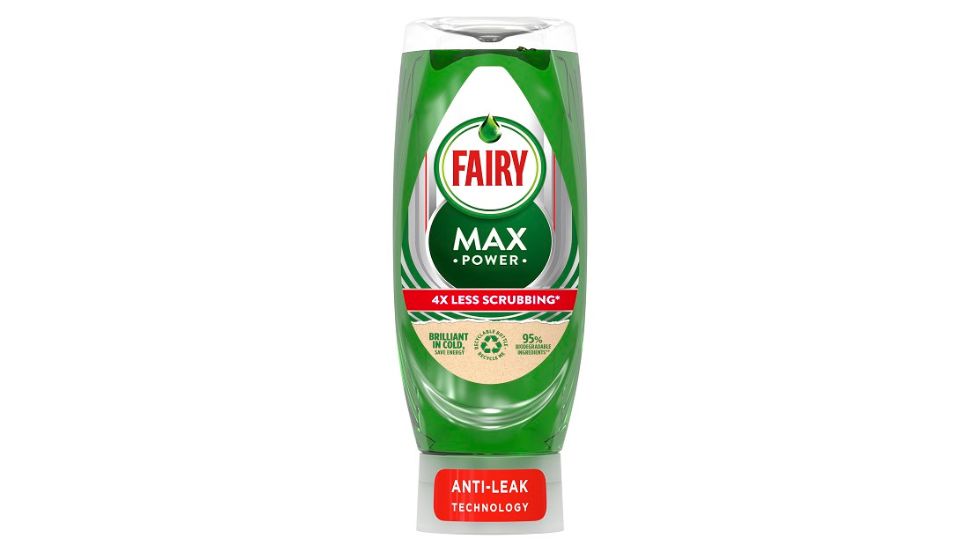 A bottle of Fairy Liquid with the lid at the bottom of the bottle saying Max Power and 4x less scrubbing on the bottle, with Anti-leak lid technology